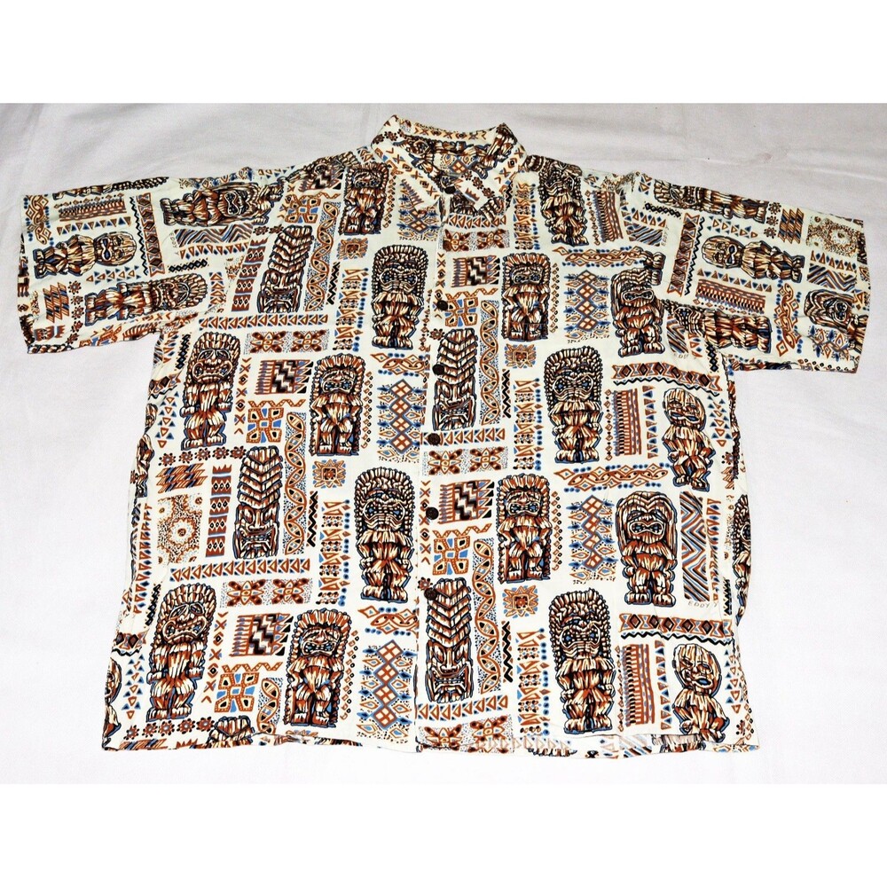 Reyn Spooner Art Of Eddy Y Tiki Totem Nomad Mens Rayon Hawaiian Shirt Size Large